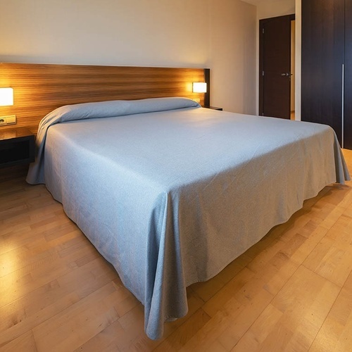 una habitación con una cama y un piso de madera