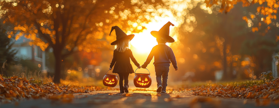 a halloween pumpkin is behind a spider web
