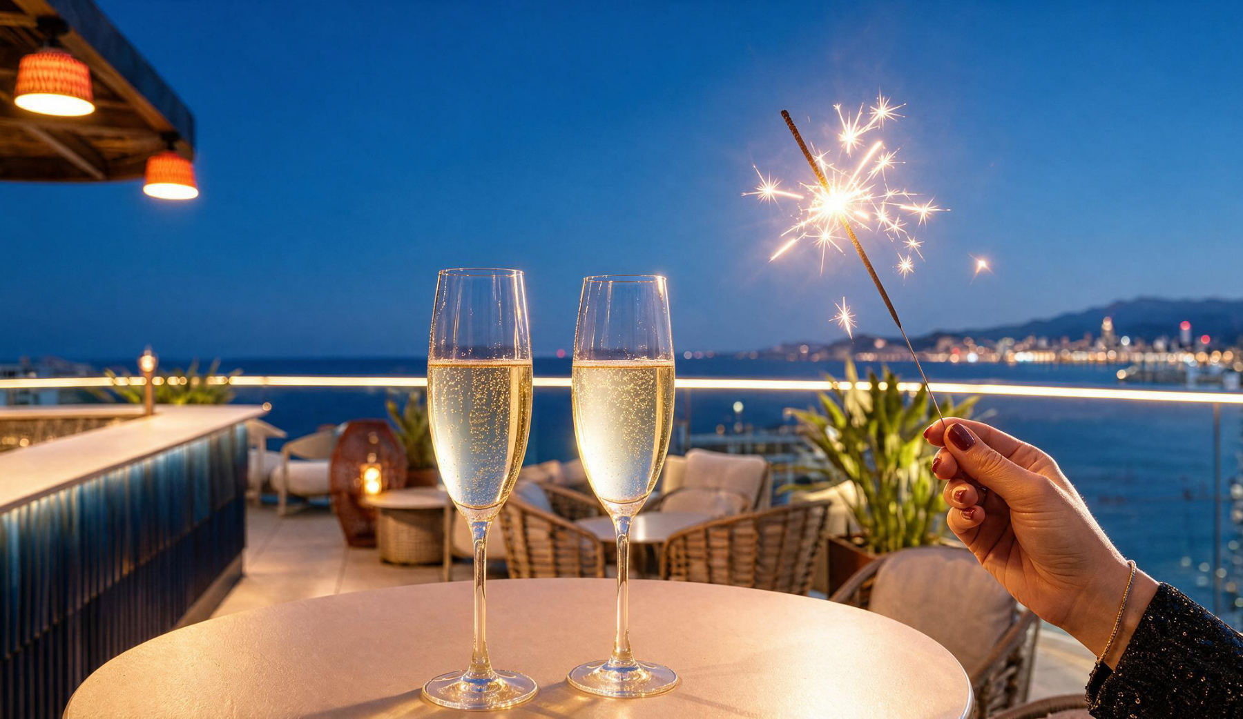 Port Hotels: Corporativa. Fachada do hotel Port Benidorm com luzes festivas.
