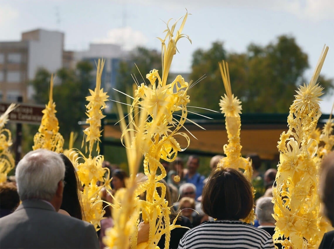 a crowd of people are gathered in front of palm branches