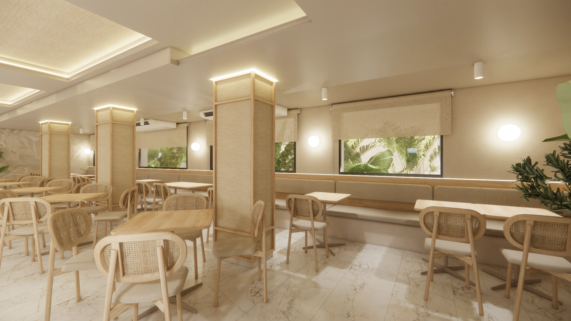 Comedor elegante con sillas de ratán y mesas de madera, perfecto para cenas en Port Hotels.