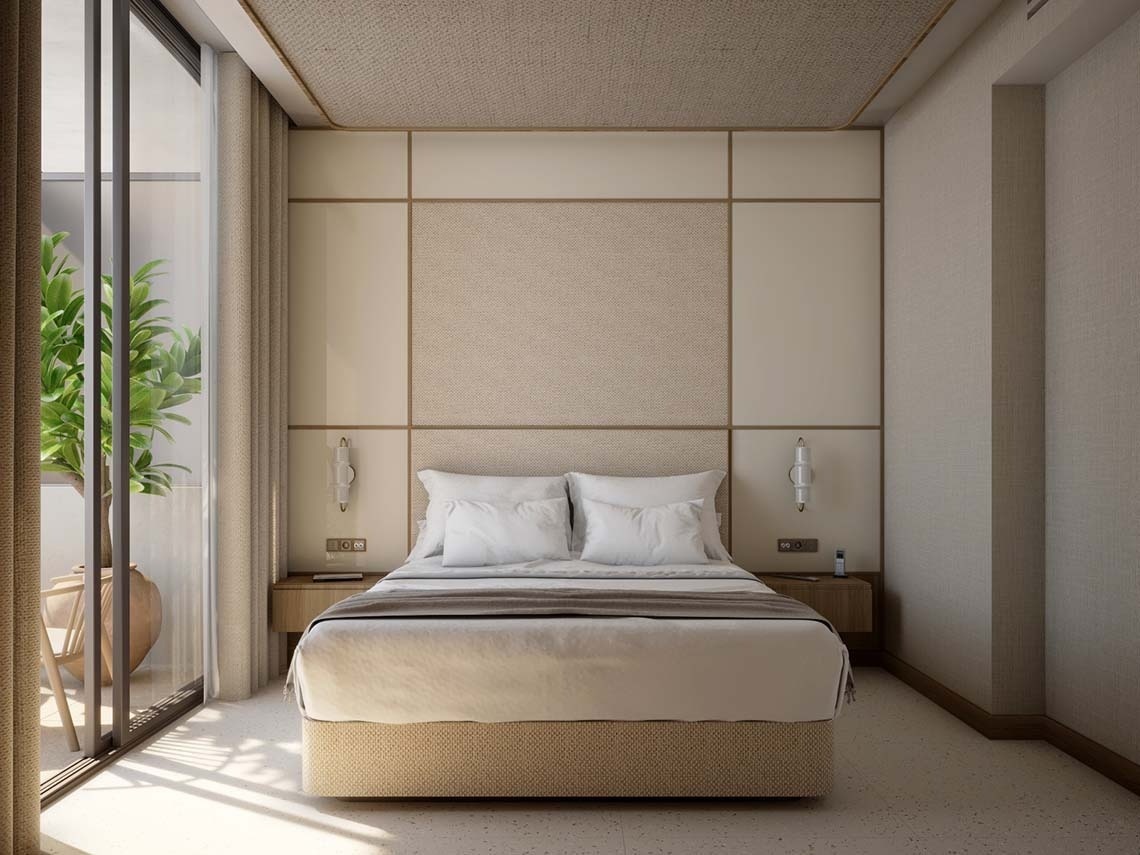 una habitación con una cama y dos mesitas de noche