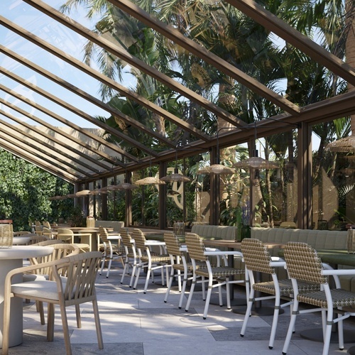 Restaurante do Port Hotels: Corporativa com mesas e cadeiras de madeira sob teto de vidro.