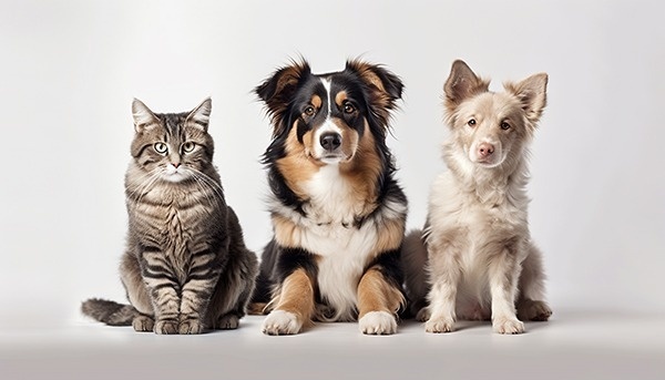 un gato , un perro y un cachorro están sentados uno al lado del otro .