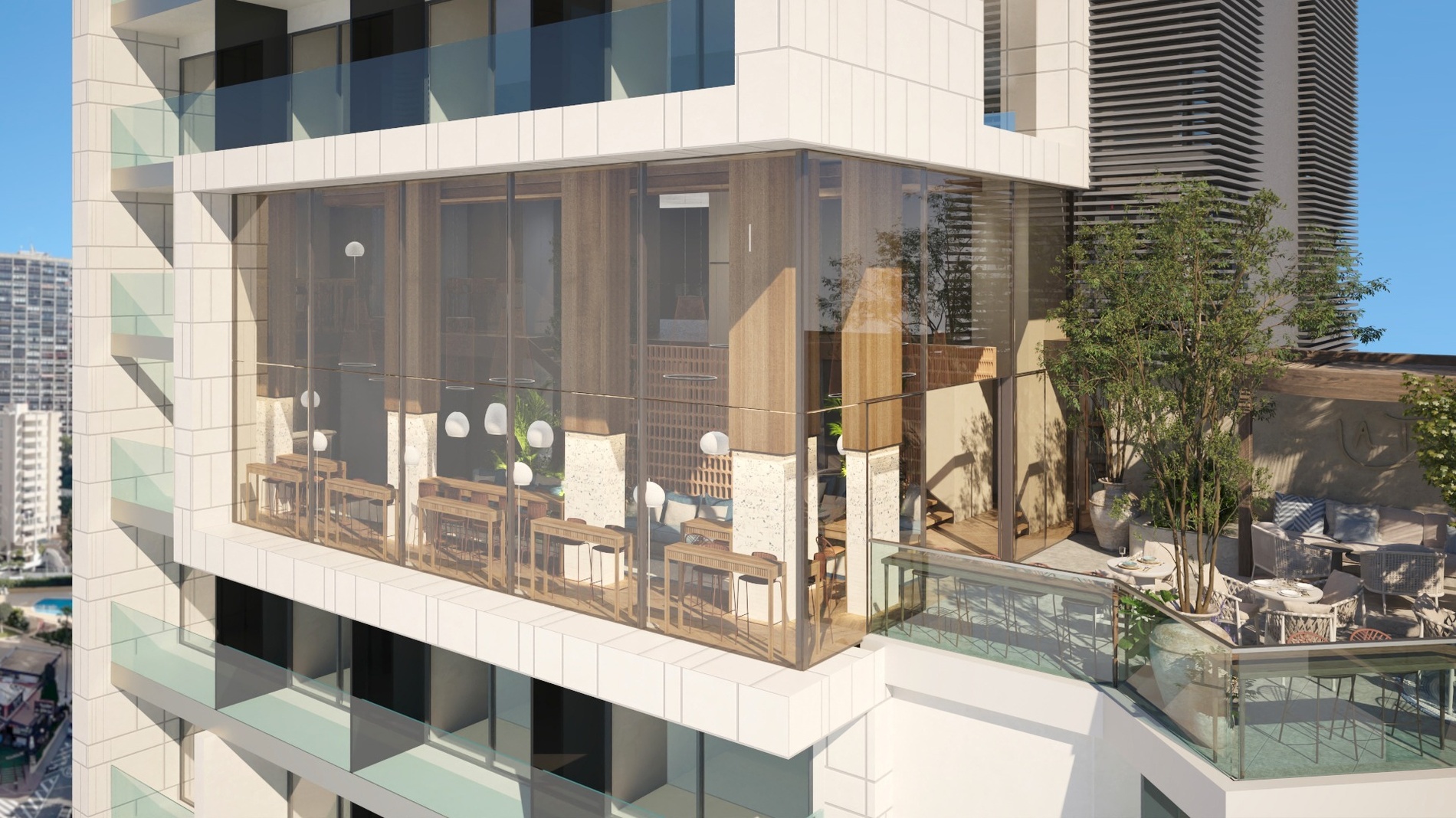 Terraza de Port Hotels: Corporativa, un espacio al aire libre con mobiliario y vegetación.