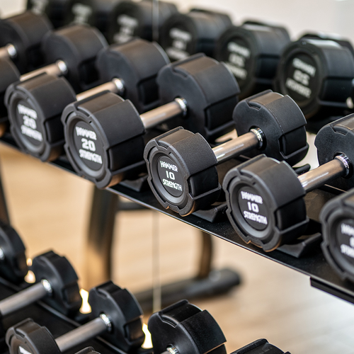 una fila de mancuernas negras con el número 10 encima