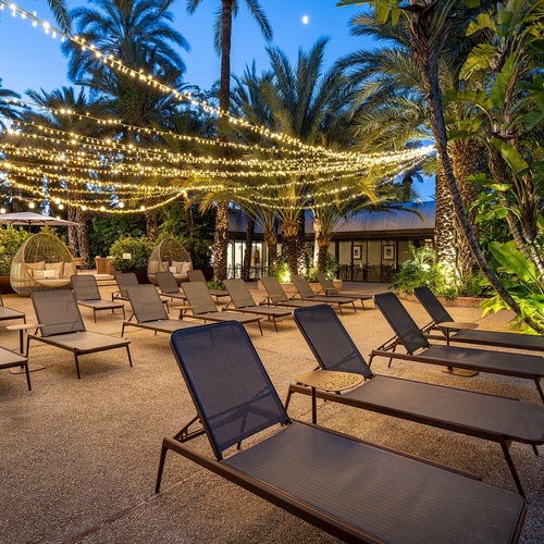 a row of lounge chairs under a string of lights