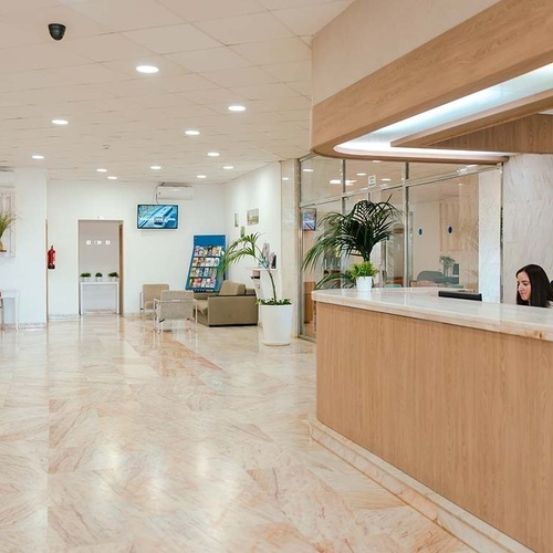 Una recepcionista atiende en el mostrador de un espacioso y luminoso lobby de hotel con suelo de mármol, una zona de espera y plantas decorativas.