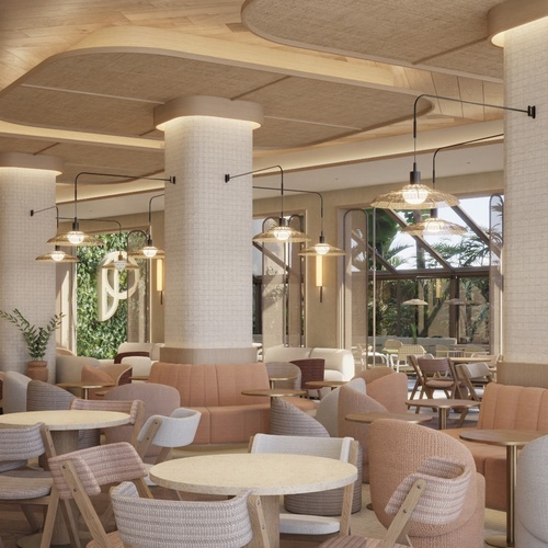 Port Hotels: Corporativa - Lounge com sofás corais e mesas redondas em ambiente iluminado.