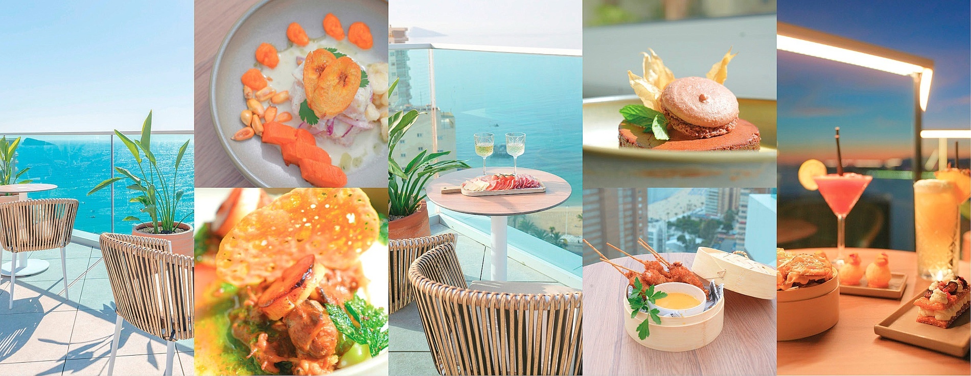 un collage de fotos de comida y bebidas en un restaurante