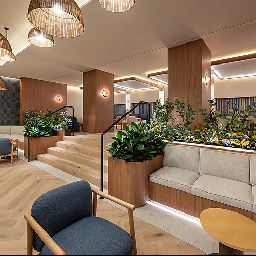 Port Hotels: Corporativa: Sofisticada sala de estar en hotel con iluminación ambiental, asientos curvos y vegetación.