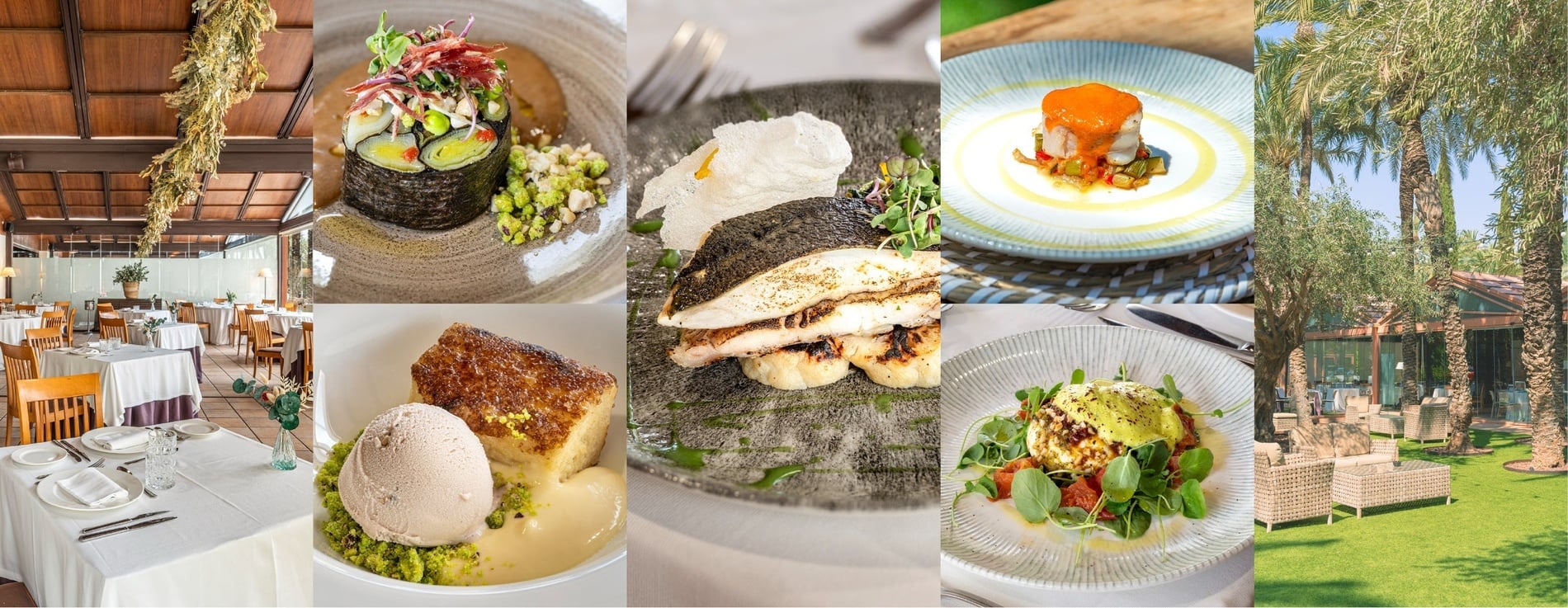 Un collage que muestra la elegante decoración interior y exterior de un restaurante, junto con varios de sus platos de alta cocina.