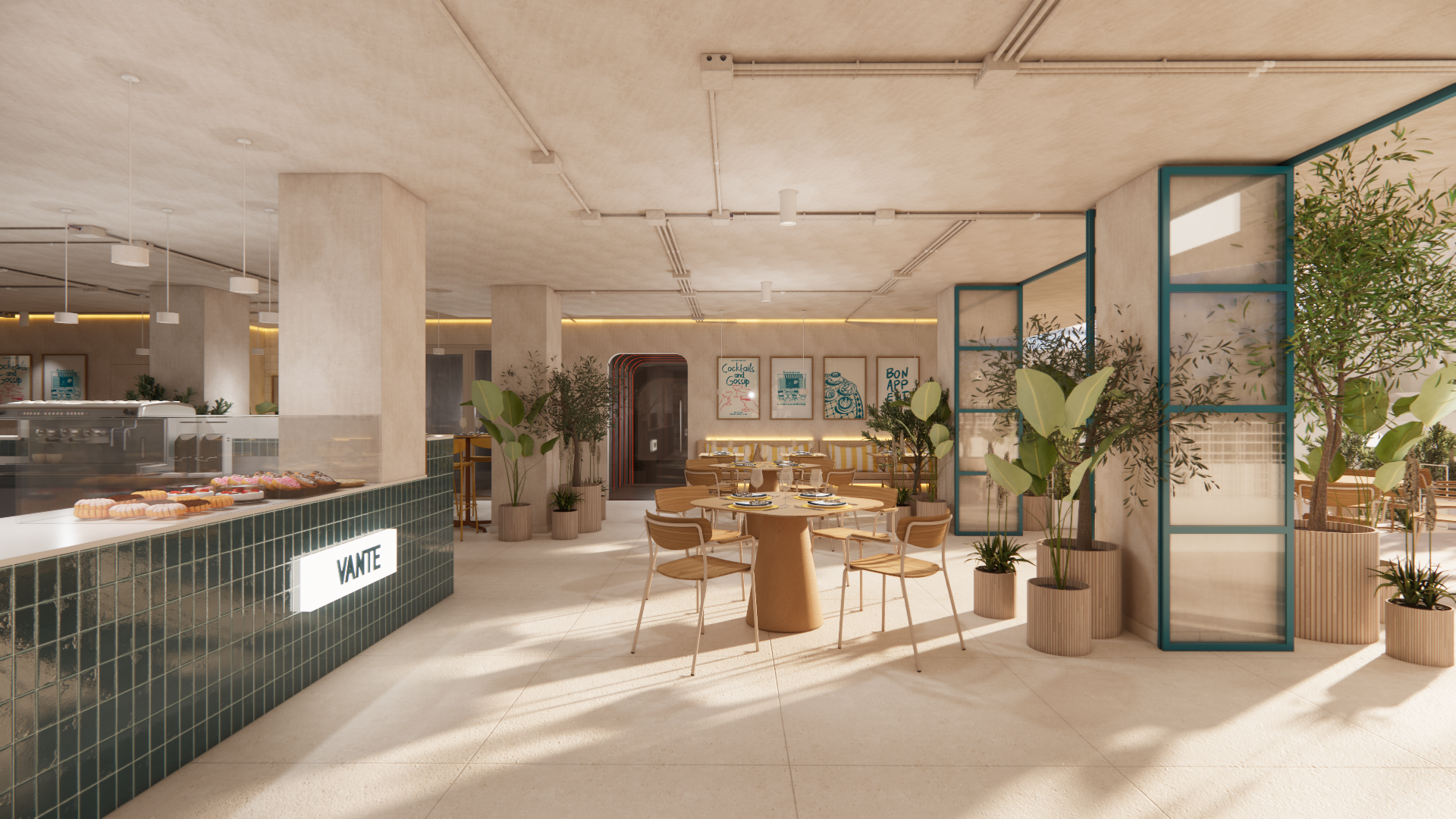 Restaurant de l'hôtel: ambiance moderne et lumineuse avec des plantes, tables en bois, et service de pâtisseries. Port Hotels: Corporativa.