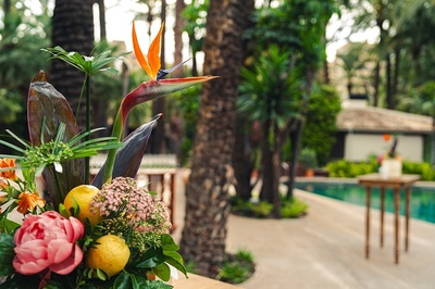 a bouquet of flowers with a bird of paradise flower in the foreground - 