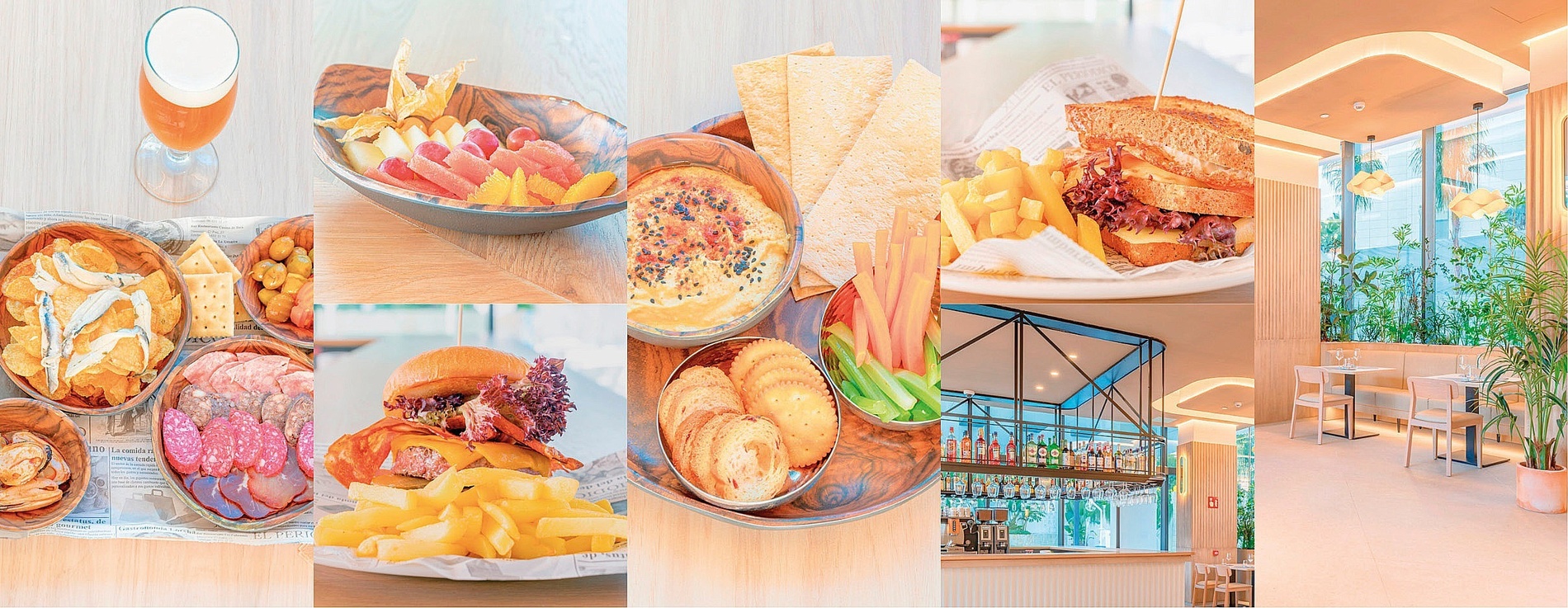 un collage de fotos de comida y bebida en un restaurante