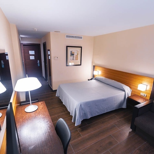 una habitación de hotel con una cama y un sofá