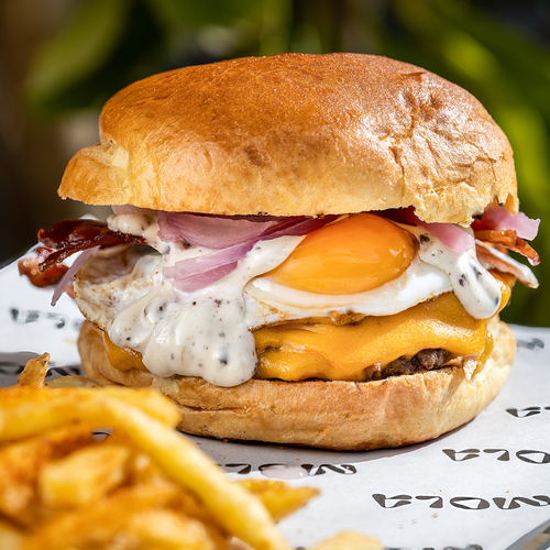 una hamburguesa con queso , huevo frito , tocino y cebolla está en una bandeja con papas fritas