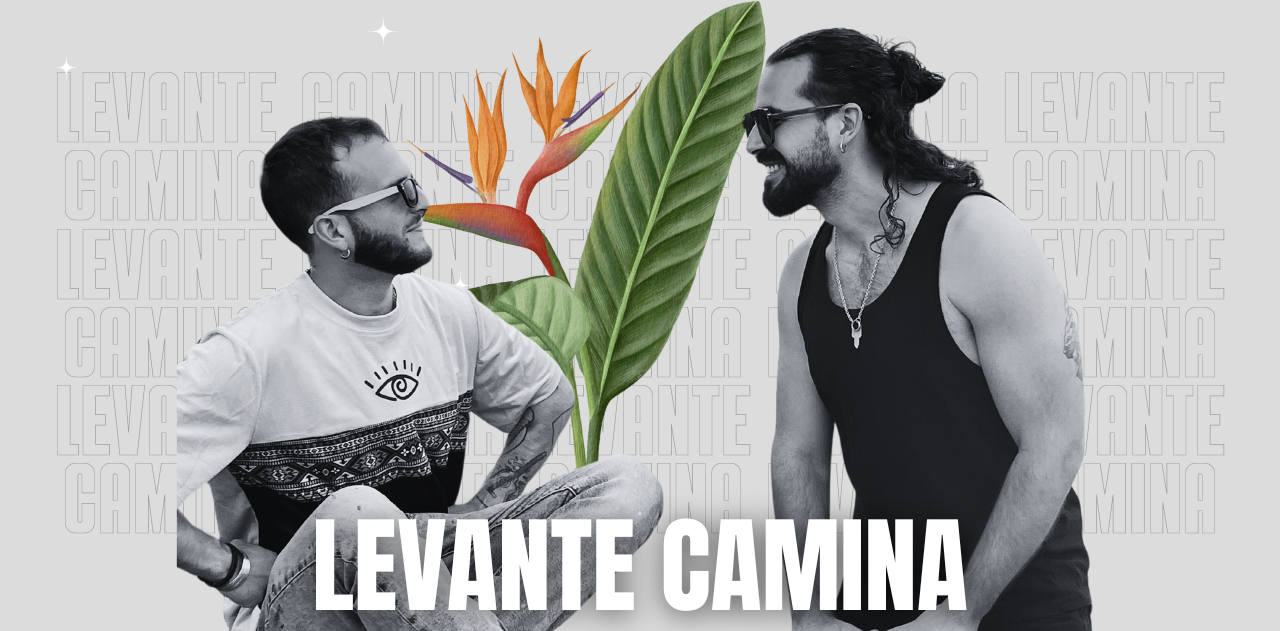 two men sitting next to each other with levante camina written on the bottom