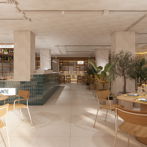 Port Hotels: Corporativa - Lounge moderno e aconchegante com mesas de madeira e plantas.