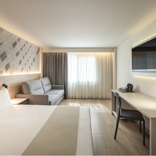 una habitación de hotel con una cama y un sofá