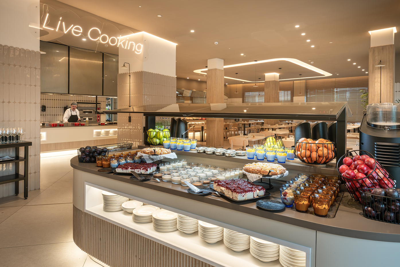 a buffet with a sign that says live cooking