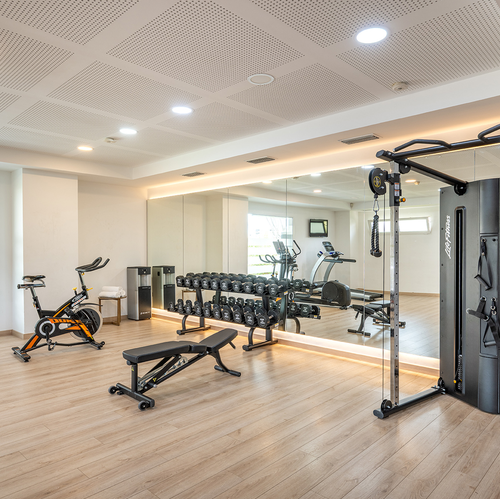 un gimnasio con una bicicleta está rodeado de espejos y pesas