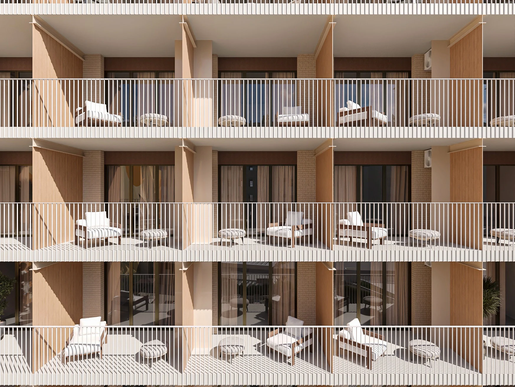 Balcones modernos con muebles de exterior, ideales para disfrutar de vistas y relajarse. Port Hotels