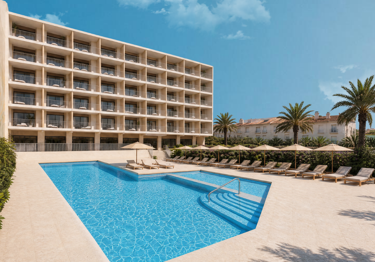 Port Hotels: Corporativa. Piscina y bar exterior con tumbonas y sombrillas.