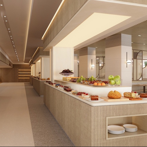 Buffet de café da manhã no Port Hotels: Corporativa, com frutas, pães e bolos.