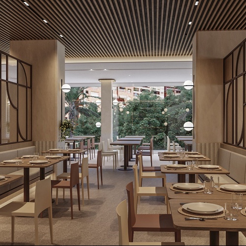 Port Hotels: Corporativa, sala de jantar elegante com mesas postas e vistas para o jardim.