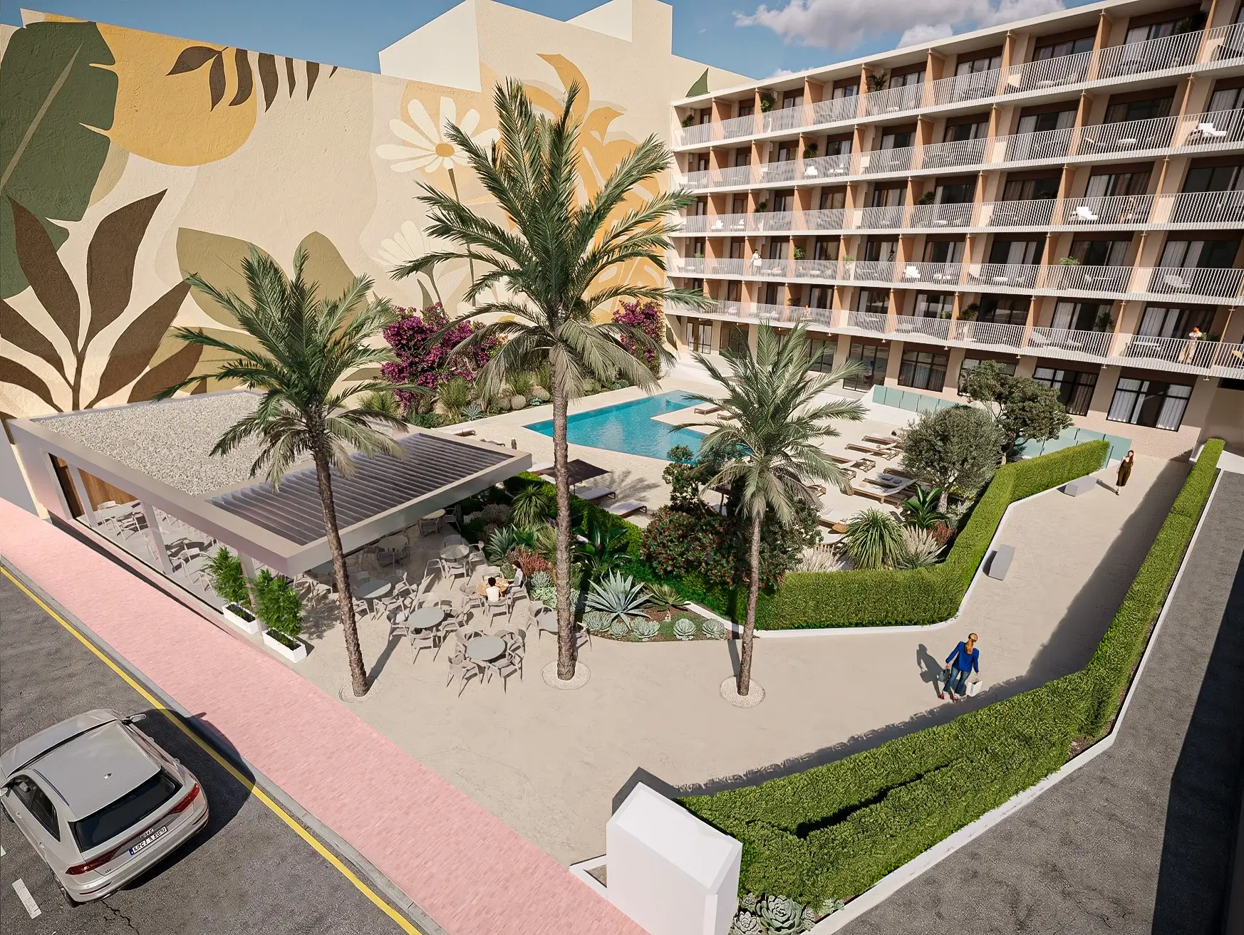 Port Hotels: piscina y restaurante exterior en hotel moderno con mural y palmeras.