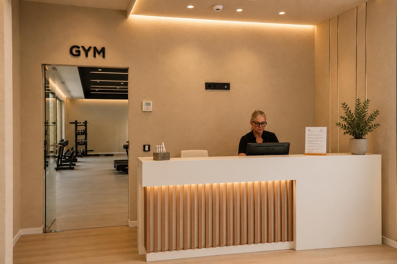 Bienestar Port Benidorm Hotel & Spa | Port Hotels | Web Oficial: Recepción de hotel con entrada al gimnasio, letrero 'GYM' y recepcionista.