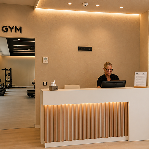 Recepción del gimnasio del hotel con zona de fitness y personal Port Hotels: Corporativa