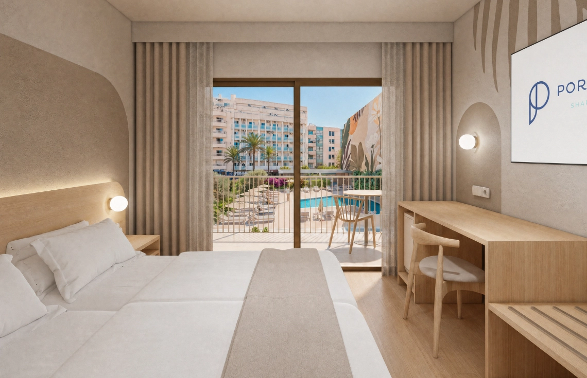 Una habitación de hotel con vista a una piscina y balcón, ideal para Port Hotels.
