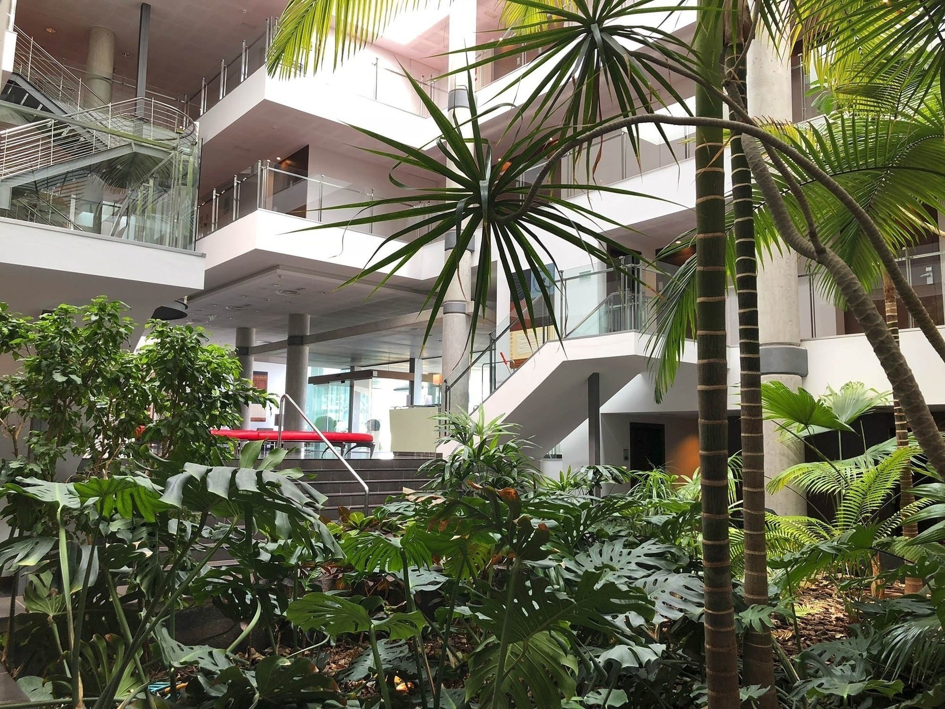 a large building with lots of plants and stairs