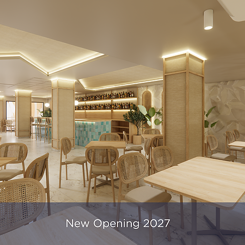 Interior of a hotel restaurant with wooden tables & chairs, bar, and botanical wallpaper. Port Hotels: Corporativa 2027.