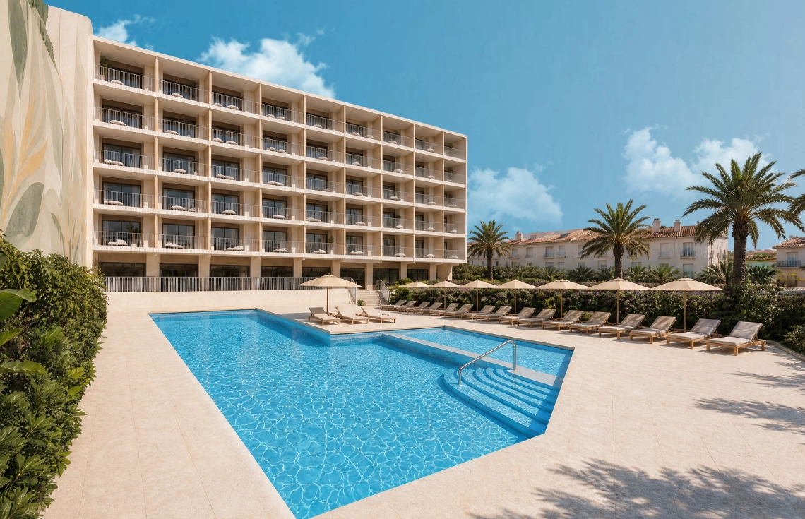 Piscina y hotel moderno con tumbonas y palmeras. Descubre Port Hotels.
