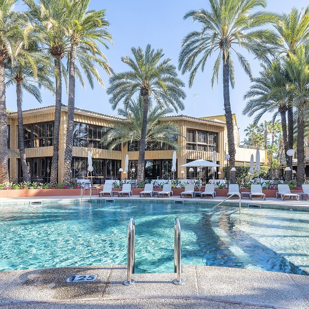 una gran piscina rodeada de palmeras y sillas de playa