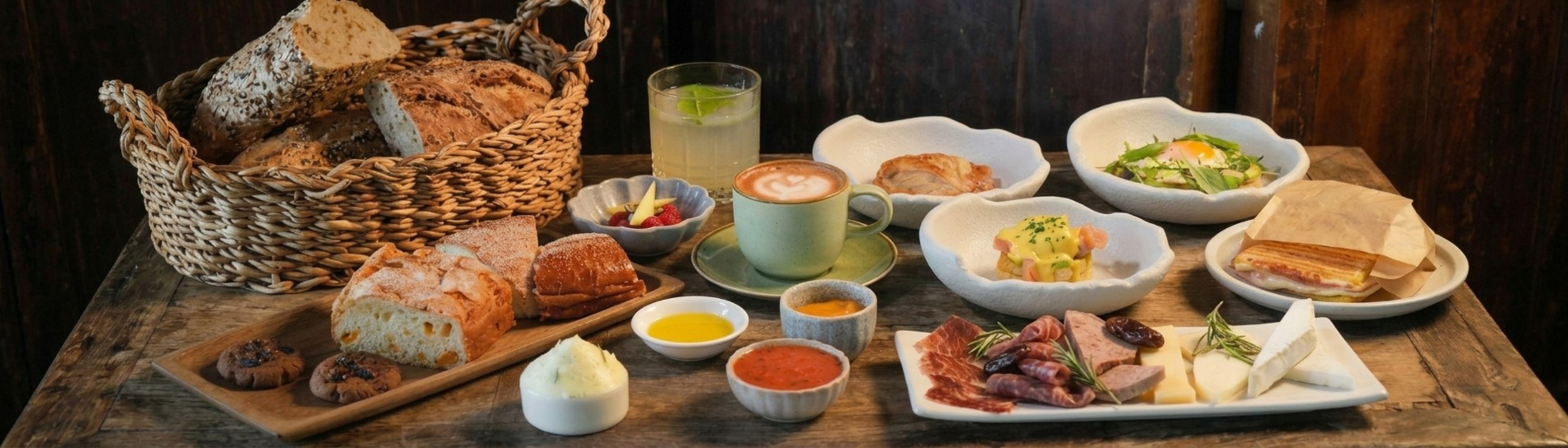 un plato de queso y salchichas junto a una taza de café