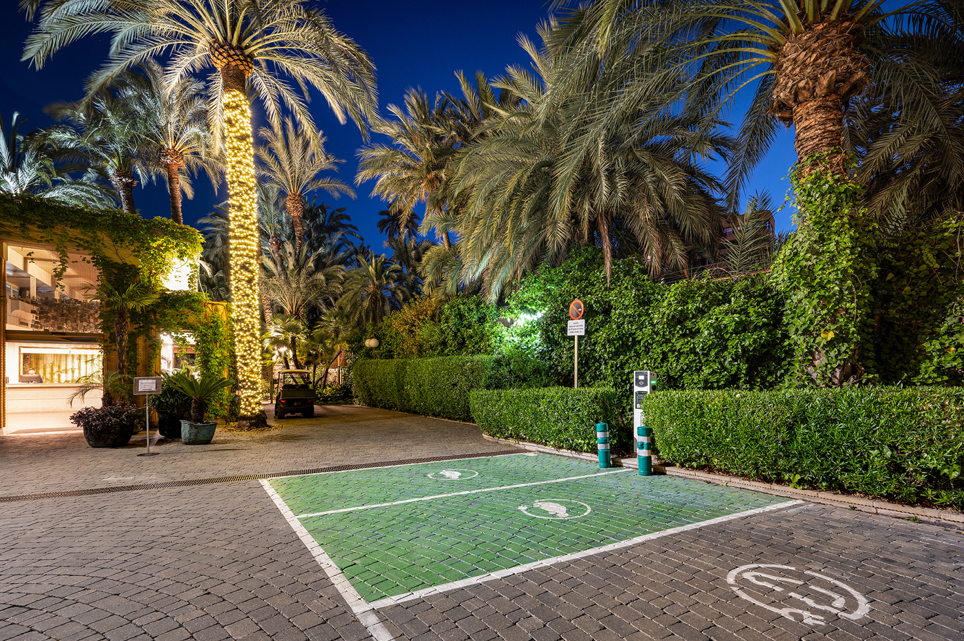 a green and white parking space with a charging station in the background