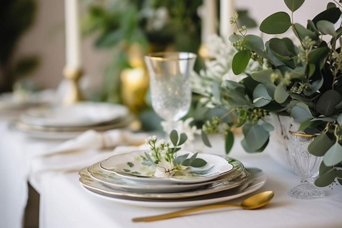 ein Tisch mit Tellern und Gläsern und einer Vase mit Blumen darauf