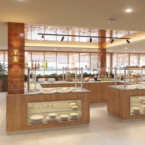 an artist 's impression of a buffet area in a restaurant