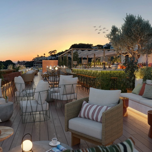 an artist 's impression of a rooftop patio at sunset