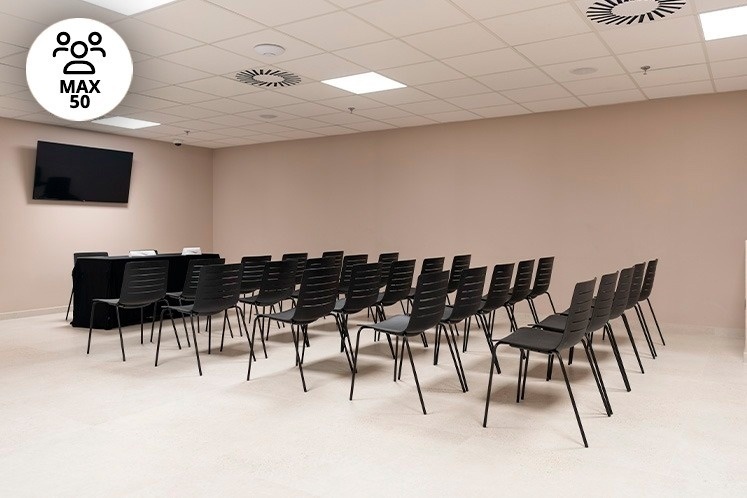 rows of black chairs are lined up in a room