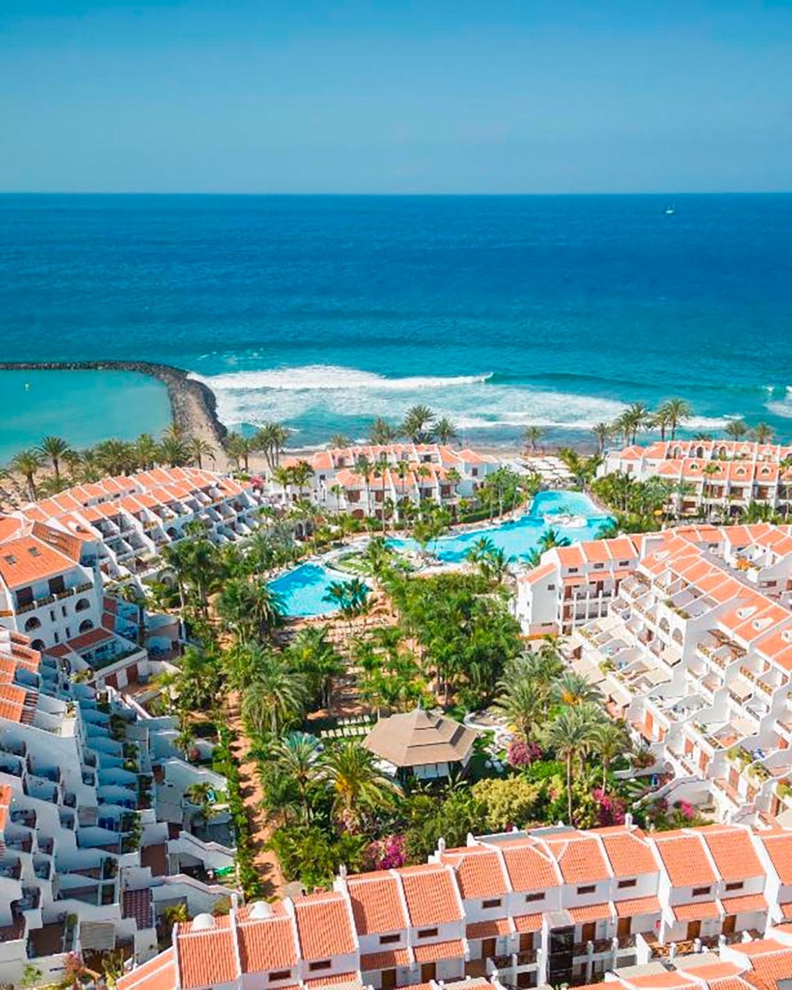una gran piscina rodeada de palmeras y edificios blancos