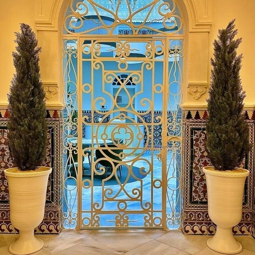 una puerta de hierro forjado está rodeada de macetas de plantas