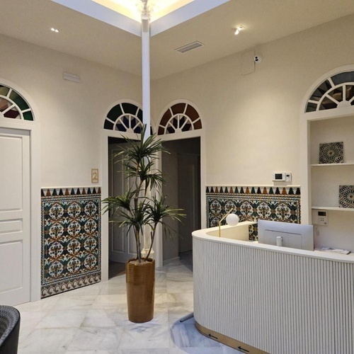 una planta en una maceta se sienta frente a una mesa de recepción