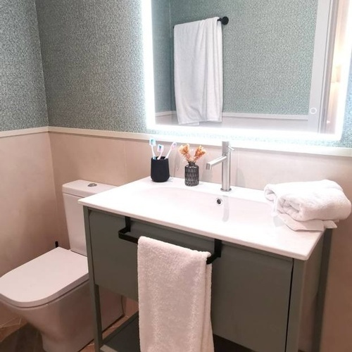 a bathroom with a sink toilet and mirror