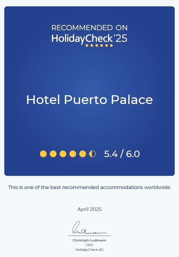 eine blaue Karte mit der Aufschrift Hotel puerto palace