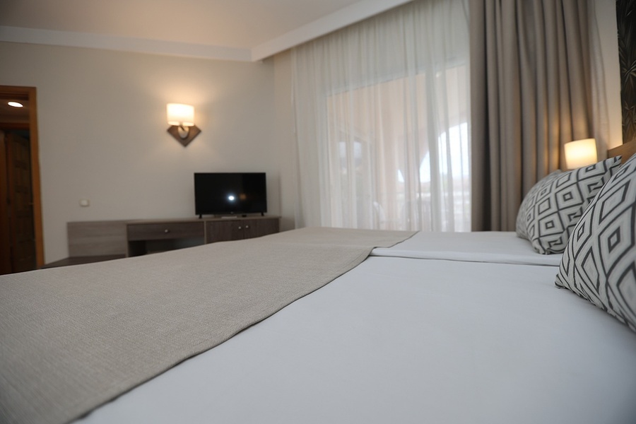 una habitación de hotel con dos camas y una televisión